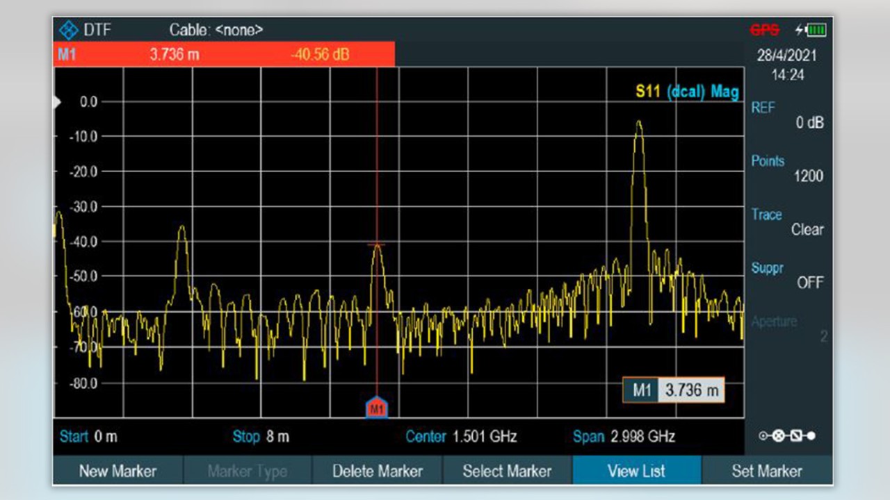 Figure 3: Distance-to-fault measurement with the R&S®Cable Rider ZPH cable and antenna analyzer Figure 3: Distance-to-fault measurement with the R&S®Cable Rider ZPH cable and antenna analyzer