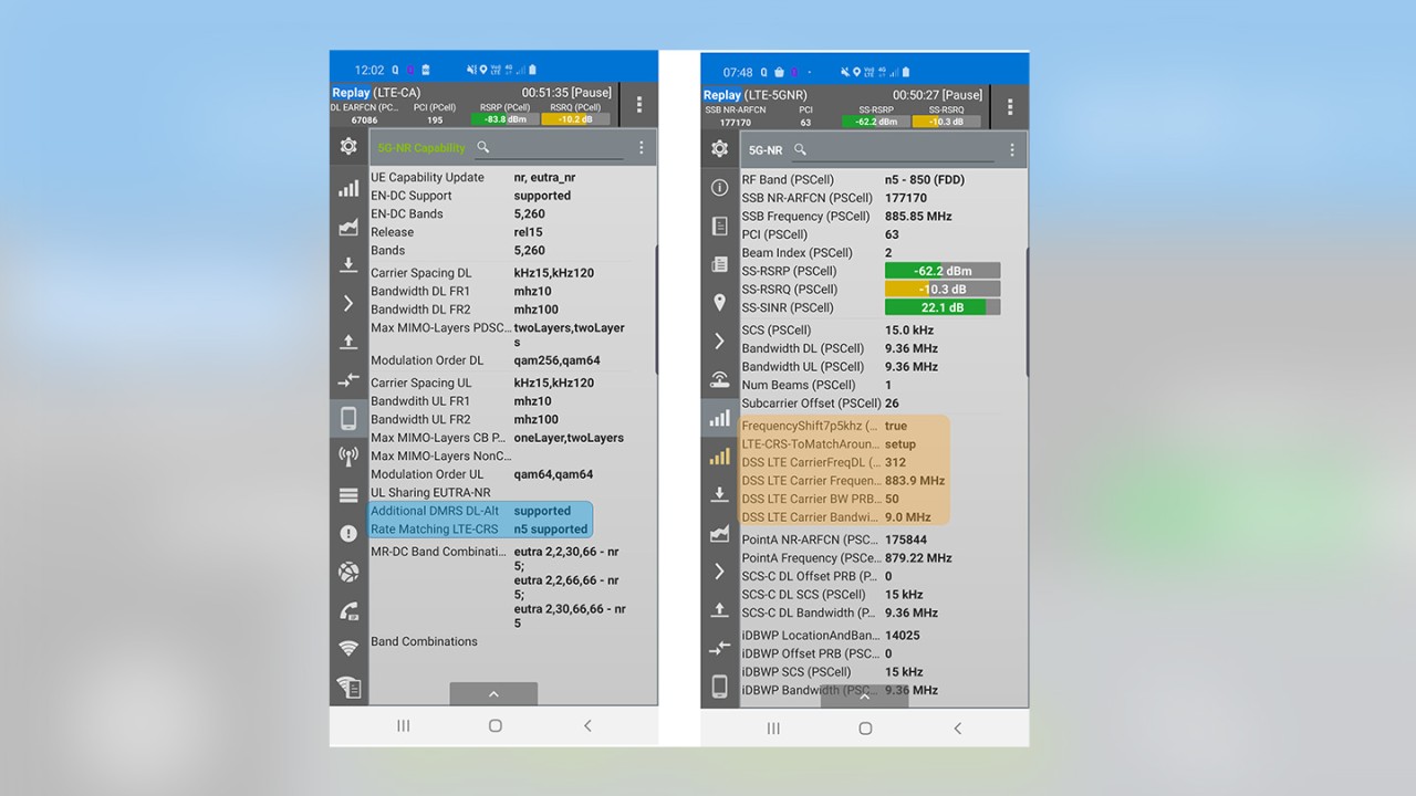 Figure 6: DSS parameter support display in QualiPoc Android premium handheld troubleshooter Figure 6: DSS parameter support display in QualiPoc Android premium handheld troubleshooter