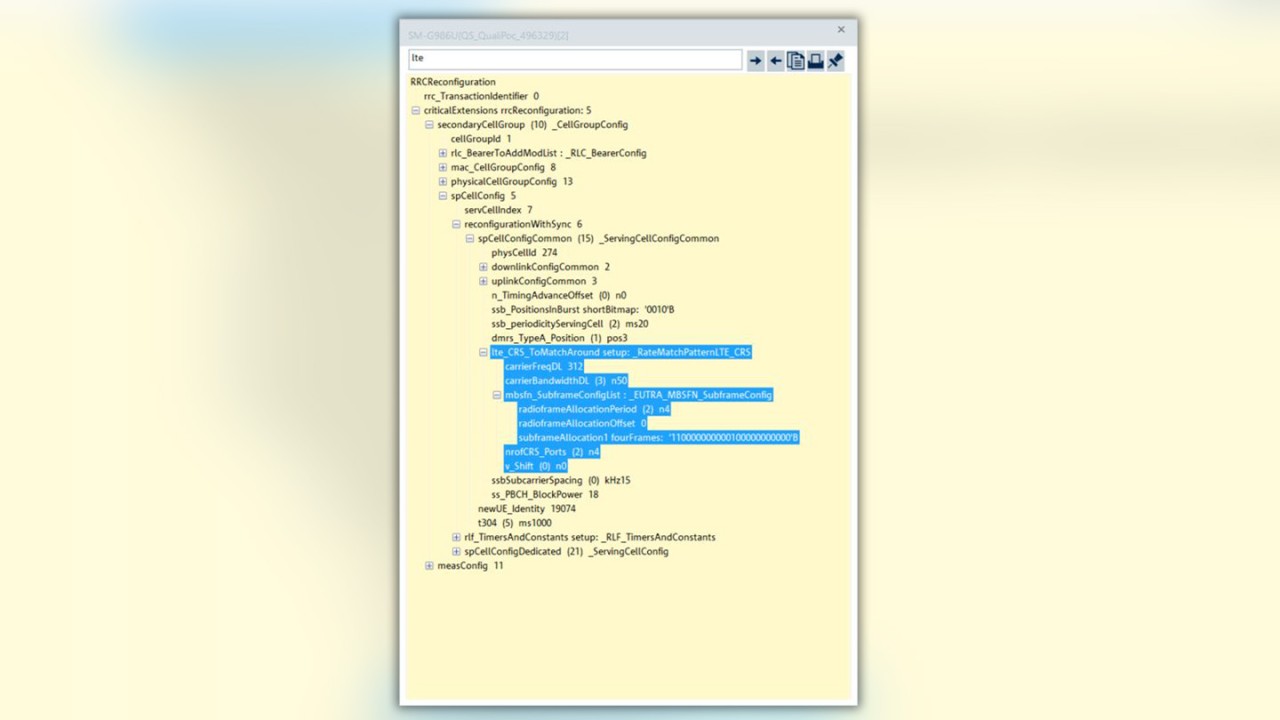 Figure 10: RRC reconfiguration message from the network with DSS-specific details Figure 10: RRC reconfiguration message from the network with DSS-specific details
